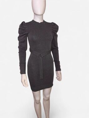 Hera Puff-Sleeve Knit Belted Sweater Dress - Charcoal